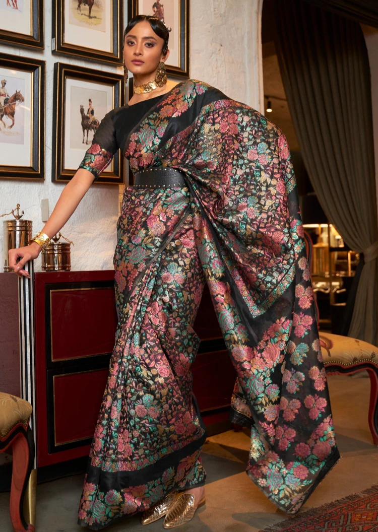 Kashmiri Pashmina Pure Silk Black Saree